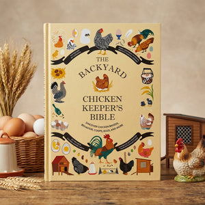 Open book titled "Backyard Chicken Keeper's Bible" by Abrams, featuring illustrations and tips for raising chickens in a backyard.