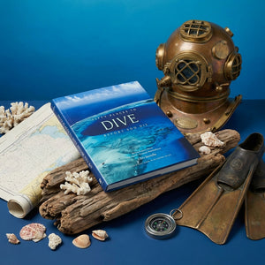 Diving book, vintage helmet, map, corals, diving fins, compass on a blue background.