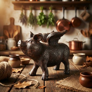 A rustic flying pig sculpture on a wooden table, with copper pots and herbs in the background.
