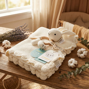 Soft beige scallop-knit baby blanket with a plush bunny ring rattle from Viverano Organics, perfect for gentle snuggles and play.