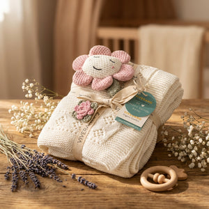 Cream knit blanket with pink flower toy, lavender sprigs, and wooden teether on a wooden table.