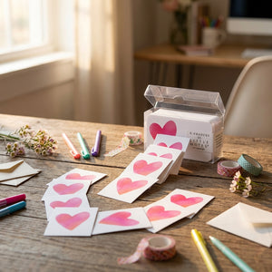 Set of Big Heart Little Notes® note cards by E. Frances Paper with colorful heart designs on white cardstock.