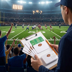 Football-themed note cards from Little Notes® by E. Frances Paper, featuring game day and tailgating designs on white cardstock.