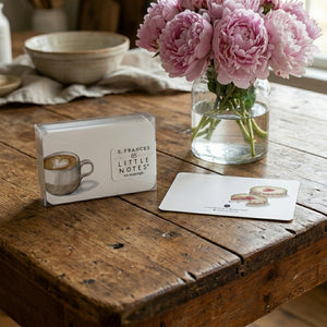 Set of Latte Little Notes notecards by E. Frances Paper featuring latte-themed designs on white cardstock.