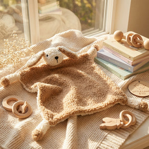 Soft brown lamb blanket on a cream knit, with wooden toys and pastel books near a sunny window.
