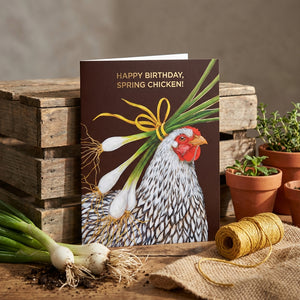 Spring Chicken birthday greeting card with foil from HnC featuring a colorful, illustrated chicken design on the front.