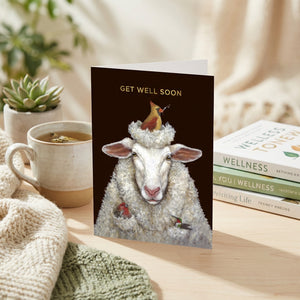 HnC Get Well Sheep greeting card with cheerful sheep illustration and "Get Well Soon" message on white background.