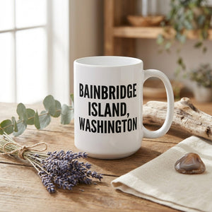 Home Bainbridge Island Washington mug by dkhandmade featuring a scenic illustration of Bainbridge Island in vibrant colors.