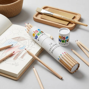 Set of 12 colorful eco-friendly colored pencils from elseware unplug's ART-Colored Pencils collection, arranged on a white background.