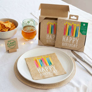 Happy Birthday paper napkins with colorful birthday-themed design, ideal for celebrating occasions and party decor.