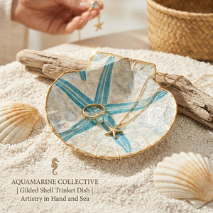 Handmade starfish and scallop shells by PEO, artistic painted shells for decor or crafts, with detailed natural shell textures.