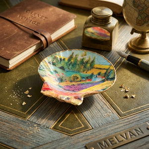 Handmade painted shells featuring an Italian scene, crafted by PEO, showcasing vibrant colors and detailed artwork.