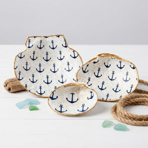 Handmade painted shells with an anchor design by PEO, showcasing vibrant colors and intricate craftsmanship.