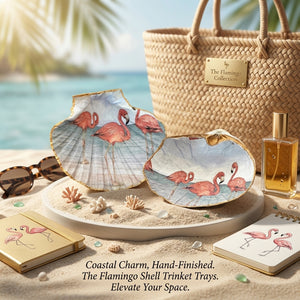 Handmade pink flamingo painted shells by PEO, featuring colorful, detailed shell designs on a natural background.