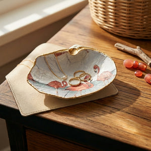 Handmade pink flamingo clam shell from PEO, medium-sized painted seashell with vibrant pink accents and detailed design.