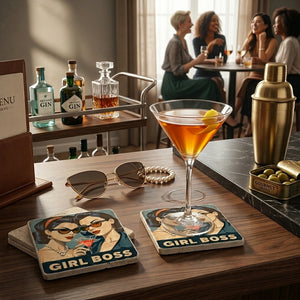 Girl Boss ceramic coaster with "Girl Boss" design by Tipsy Coasters & Gifts, featuring a stylish and empowering graphic.