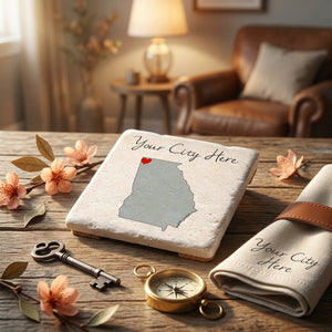 Custom Washington State map coaster with a heart silhouette, featuring a love theme, from Tipsy Coasters & Gifts.