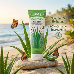 Badger Aloe Vera Gel for face and body, shown in a clear jar, ideal for sunburn relief and soothing skin.