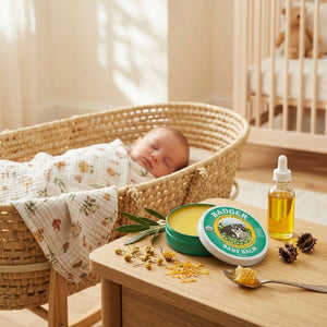 Badger Baby Balm jar with soothing cream for diaper rash, dry skin, and cradle cap, suitable for gentle baby skincare.
