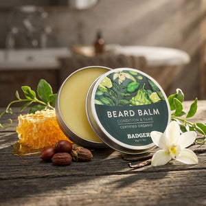 Organic Badger beard balm for facial hair styling, featuring natural ingredients and a smooth, well-groomed appearance.