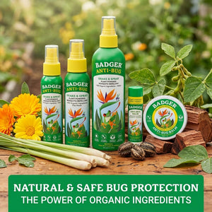 Organic Badger Camping Bug Spray bottle with mosquito repellent label, Deet-free and natural ingredients, suitable for outdoor use.