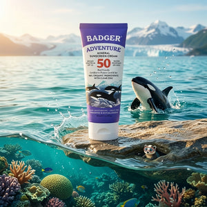 Badger Beauty Badger Mineral Sunscreen SPF 50 bottle with pump dispenser, suitable for outdoor adventures and sun protection.