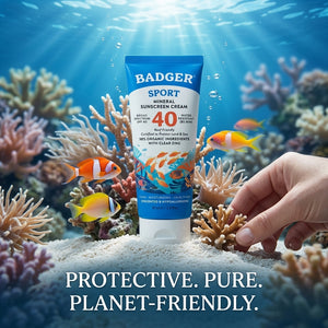 Badger mineral sunscreen SPF 40 in a tube, water-resistant and suitable for outdoor activities, with a natural, broad-spectrum sun protection.