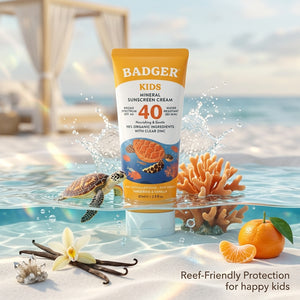 Badger Kids Mineral Sunscreen SPF 40 in a tube, suitable for children, with natural ingredients and gentle protection for sensitive skin.