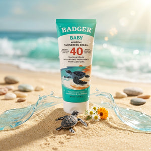 Badger mineral sunscreen SPF 40 for babies in a tube, featuring gentle, natural ingredients for sensitive skin protection