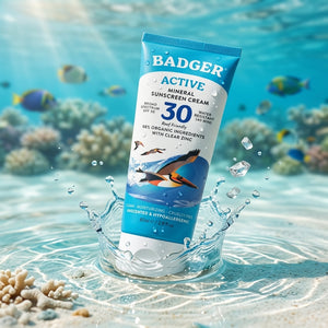 Badger Mineral Sunscreen SPF 30 tube with pump dispenser, showing the product label and packaging.