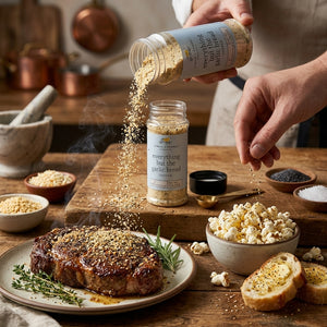 FF Everything But The Garlic Bread Topper Seasoning blend in a jar, ready to add flavor to dishes with aromatic spices.