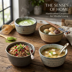 Set of CCOI stoneware bowls with reactive glaze, showcasing colorful, textured ceramic bowls for serving or display.