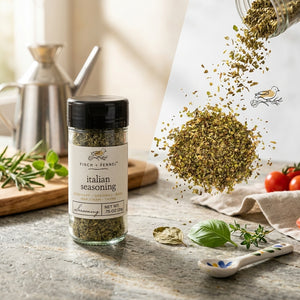 Italian seasoning blend by FF with a mix of herbs including basil, oregano, and thyme shown in a clear jar.
