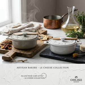 Set of two CCOI Brie bakers with lids and spreaders for cooking and baking, featuring glazed ceramic finish.