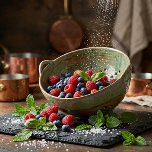Aqua stoneware berry bowl with handles from CCOI, featuring a round shape and textured surface for serving fresh berries.