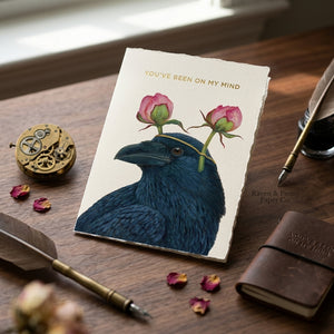 GREETING CARD- "You've Been On My Mind " Raven With Peonies