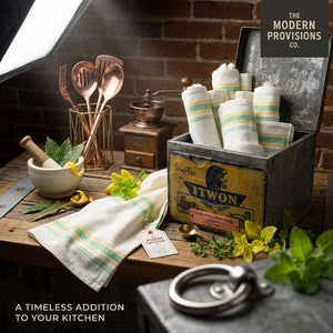 KITCHEN TOWELS- Vintage Farmhouse Retro Green/Yellow Stripe Towels, set of 3