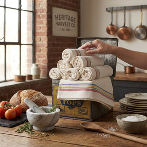 KITCHEN TOWELS- Vintage Farmhouse Retro Multi-Stripe Towels- Set of 3