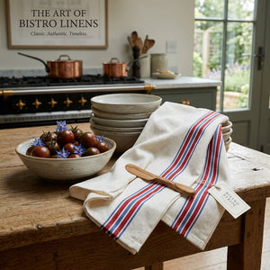 KITCHEN TOWELS- Vintage Farmhouse Retro Red & Blue Stripe Herringbone Set of 3, Towels