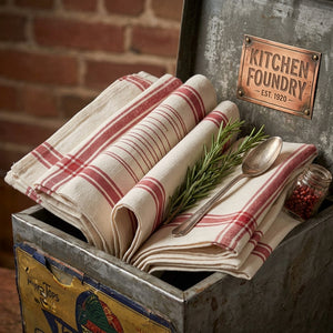 KITCHEN TOWELS- Vintage Farmhouse Retro Red Stripe Dish Towels-Set of 3