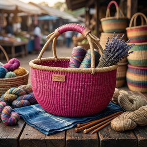BASKET- TOTE- Pink Bolga African Market Basket Handmade in Ghana – Large